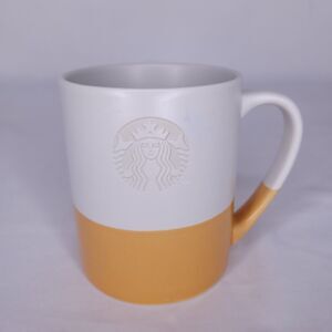 Starbucks Coffee Mug 2 Tone White, Orange Mermaid Embossed 2014 Ceramic
